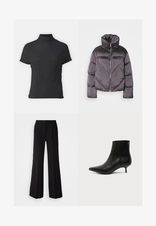 Chaqueta tipo puff en gris oscuro, con un cuello alto, material brillante, patrón de flechas y cierre frontal con cremallera. Mangas cortas y acolchadas.; Top negro de manga corta y cuello alto, hecho de una tela ligera con una textura suave y una forma ajustada, que presenta un escote alto.; Pantalones negros de tejido suave, con cintura alta, silueta de pierna ancha y dos pliegues frontales para añadir detalle de diseño.; Botín de piel negra con puntera puntiaguda y tacón bajo estilo kitten sobre fondo claro, mostrando vista lateral exterior.