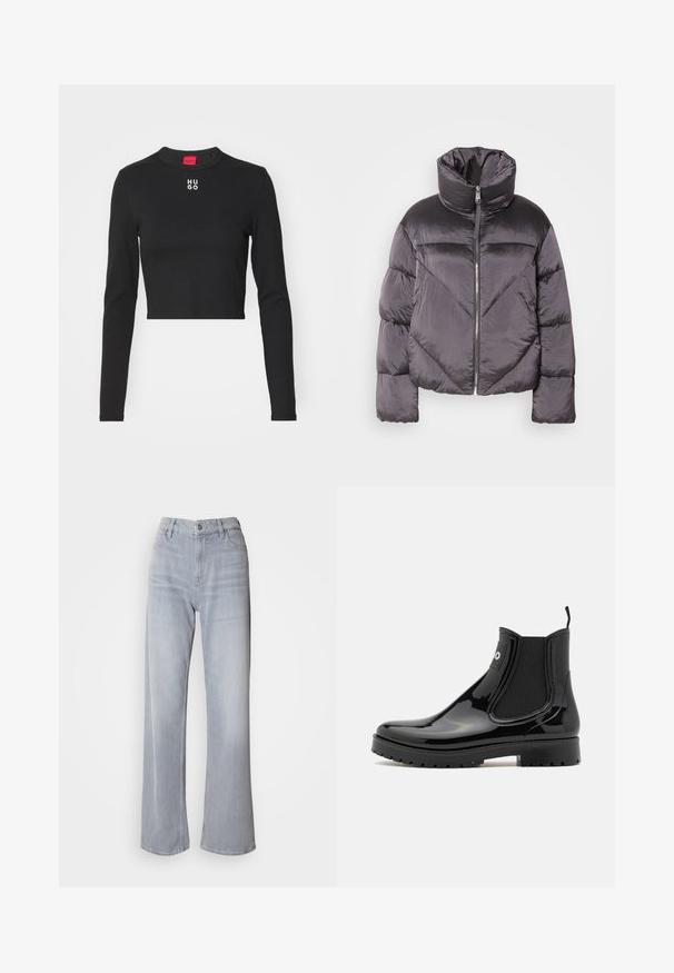 Chaqueta tipo puff en gris oscuro, con un cuello alto, material brillante, patrón de flechas y cierre frontal con cremallera. Mangas cortas y acolchadas.; Top corto negro de manga larga hecho de tela suave, con cuello redondo y el logo blanco de "HUGO" en el centro del pecho.; Jeans de pernera ancha en gris claro, con cintura alta, hechos de denim. Presentan bolsillos frontales, cremallera y un leve desvanecimiento por toda la prenda.; HUGO TABITA - Botas de agua - black