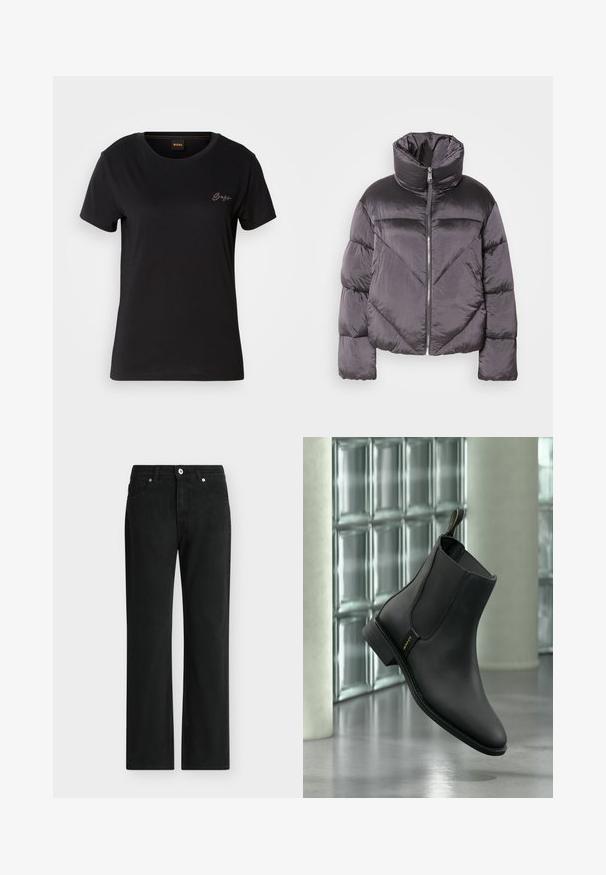 Pufferjack in donkergrijs, met een hoge kraag, glanzend materiaal, chevronpatroon en een voorkant met ritssluiting. Korte, gewatteerde mouwen.; Zwarte korte mouwen t-shirt met een ronde hals, voorzien van een klein ton-sur-ton geborduurd logo op de linkerborst. Glad stofoppervlak.; Zwarte rechte jeans met knoop- en ritssluiting aan de voorkant, ontwerp met vijf zakken en riemlussen.; Zwarte leren enkellaars met elastische zijpanelen en aantreklus, zwevend in de lucht tegen een glazen blokmuur en een gladde vloer.
