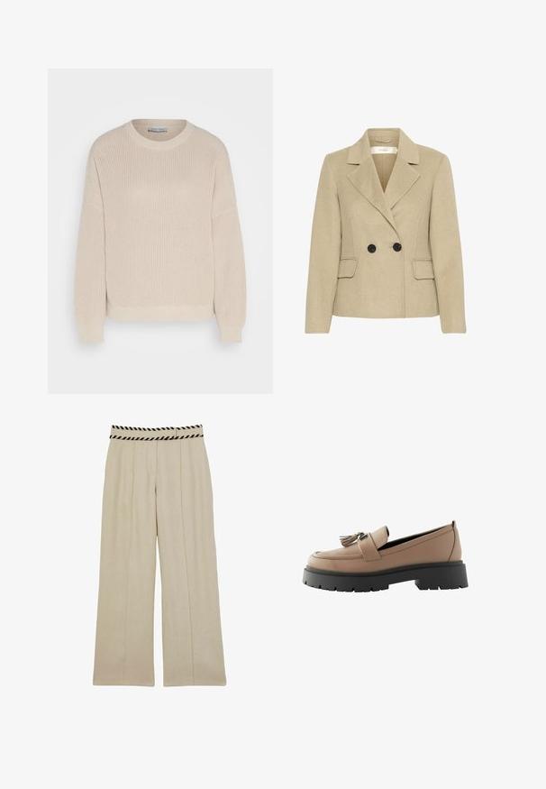 Blazer en mélange de laine beige avec un design croisé, des revers crantés, deux poches avant et des boutons noirs pour un contraste supplémentaire.; Anna Field by Zalando Pullover - grey; Pantalons beige à larges jambes avec des plis verticaux et une ceinture à rayures noires. Fabriqués dans un tissu léger, adaptés pour un usage décontracté ou formel.; Mocassins en cuir beige avec un accent à pampille, dotés d'une semelle plateforme noire épaisse et d'une surface texturée, conçus pour le confort et la stabilité.