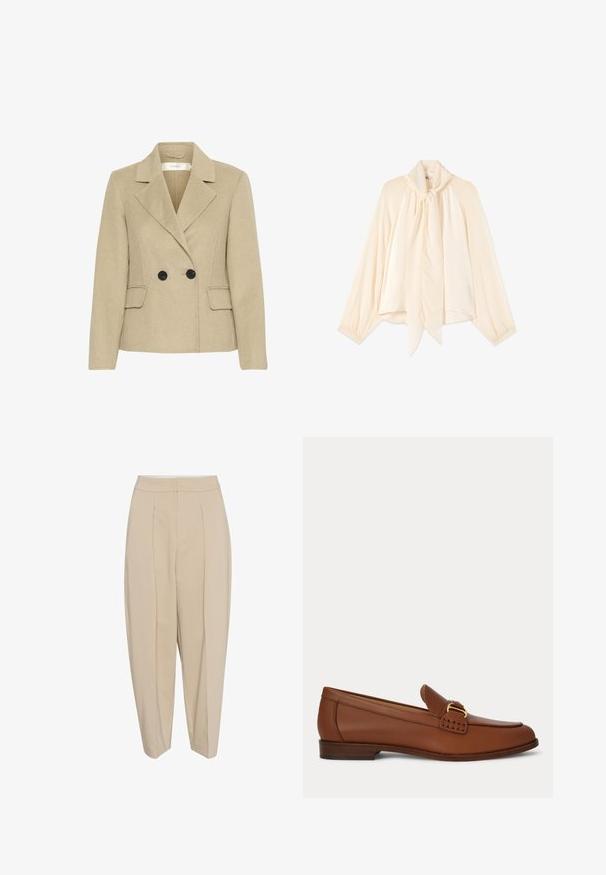 Beige wollen blazer van een wolmix met een dubbelzijdig ontwerp, geklede revers, twee voorkeurszakken en zwarte knopen voor extra contrast.; Crèmekleurige blouse met lange mouwen, hoge hals en een lange gestrikte strik aan de voorkant, met licht opgepofte mouwen en gerimpelde manchetten.; Beige op maat gemaakte broeken met een hoge taille, geplooide voorkant en taps toelopende pijpen. De stof lijkt glad met een subtiele glans. Geen zichtbare zakken.; Bruine leren loafer met gouden gespdetail en lage houten hak, zijaanzicht op een effen achtergrond.