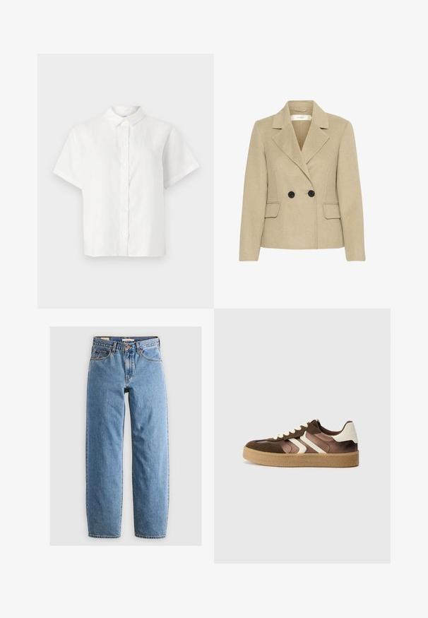 Beige uldblandings blazer med dobbeltknap, klippet revers, to forlommer og sorte knapper for ekstra kontrast.; Hvid kortærmet skjorte lavet af linned med spidse kraver og knaplukning foran. Har en afslappet pasform og glat tekstur.; Lysblå denim jeans med lige ben-design, fem lommer, lynlås og en subtil falmet tekstur. Klassisk stil med minimal hardware.; Brune og creme sneakers med en kombination af ruskind og satin materialer, der har tre diagonale striber og en struktureret gummisål.