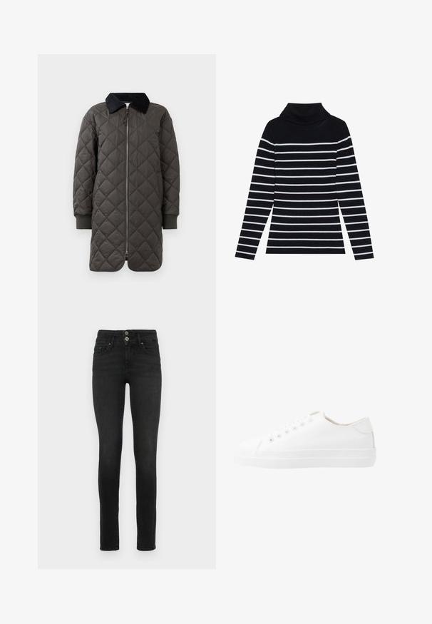 Quiltet mørkegrå jakke med sort krave, ribbede manchetter og lynlås foran, med et diamantmønster og mellemlang design.; Sort og hvid stribet langærmet turtleneck sweater med ribbet tekstur, der har en foldet krave og tætsiddende silhuet.; Sorte skinny jeans lavet af denim med høj talje, der har to frontlommer og en to-knaps lukning. Glat tekstur.; Hvide kanvas sneakers med lavt design, rund tå, seks snørehuller og en struktureret gummisål. Glat materiale med minimale detaljer.