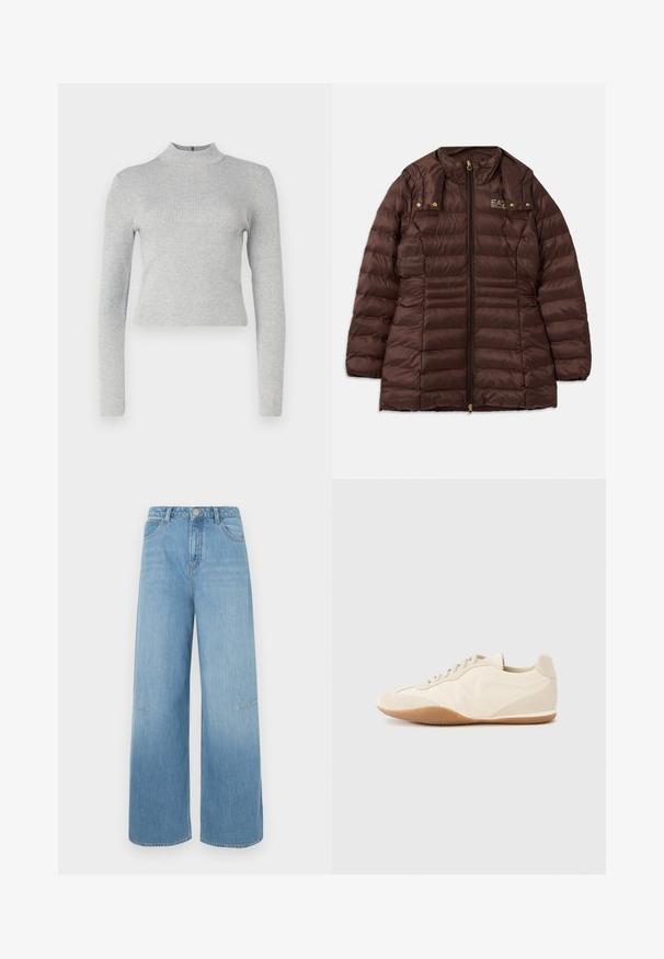 Brun polstret jakke med lynlås fortil, der har en opretstående krave, guldfarvet hardware og vandret søm for isolering.; Lys grå ribbet langærmet turtleneck med en tætsiddende silhuet og en lille lynlås lukning bagpå. Glat tekstur over det hele.; Lysblå vide jeans med høj talje, der har to forlommer, diskrete syninger og en afslappet pasform.; Lyse beige sneakers med en tekstureret læderoverdel, teksturerede sider og en gummisål. Har et slankt, strømlinet design og flade snørebånd.