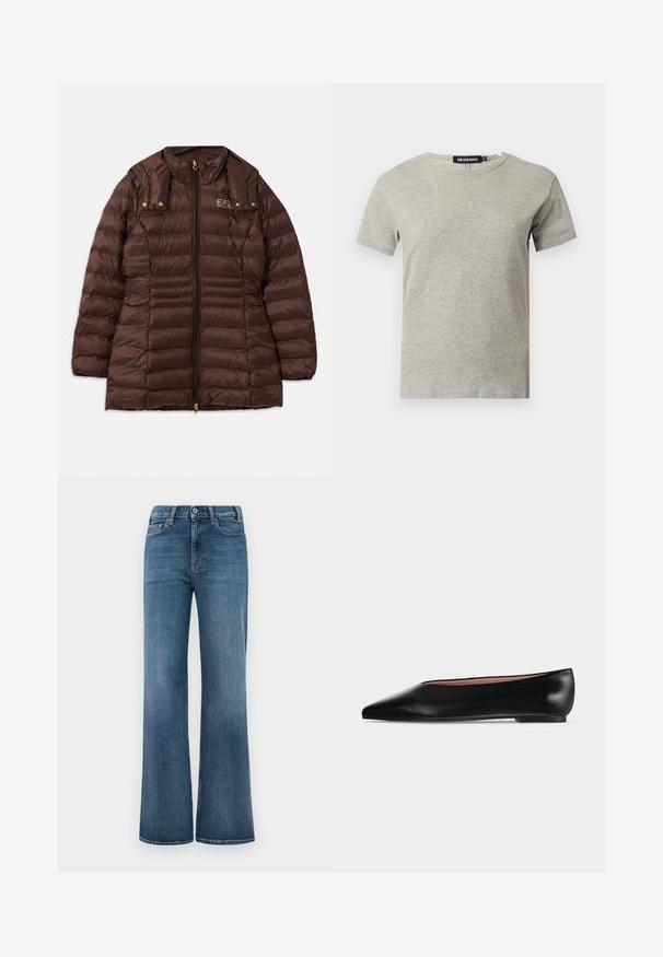 Brun polstret jakke med lynlås fortil, der har en opretstående krave, guldfarvet hardware og vandret søm for isolering.; Lysegrå kortærmet crew neck bomulds T-shirt med synligt sort mærke inde i kraven med teksten "DENIM" og størrelse "S".; Blå denimjeans med bred benklip, knap- og lynlåslukning samt for- og baglommer, præsenteret på en simpel hvid baggrund.; Sort damesko i læder med flad hæl og spids tå, vist fra siden på en ensfarvet lys grå baggrund.