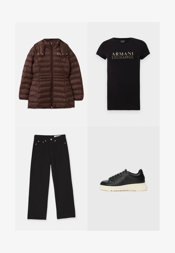 Veste rembourrée marron avec fermeture éclair à l'avant, dotée d'un col montant, de quincaillerie dorée et de coutures horizontales pour l'isolation.; T-shirt noir à manches courtes avec un col rond, présentant un logo doré "ARMANI EXCHANGE" imprimé sur le devant. Matière en coton.; Jean noir à jambes larges en denim, comprenant un design à cinq poches, une fermeture à bouton et des accents en métal. Tissu texturé avec une finition lisse.; Sneaker en cuir noir avec une finition texturée, dotée d'un bout rond, de six œillets noirs et d'une semelle en caoutchouc blanche avec des rainures.