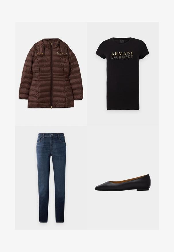 Veste rembourrée marron avec fermeture éclair à l'avant, dotée d'un col montant, de quincaillerie dorée et de coutures horizontales pour l'isolation.; T-shirt noir à manches courtes avec un col rond, présentant un logo doré "ARMANI EXCHANGE" imprimé sur le devant. Matière en coton.; Jean en denim bleu foncé avec une coupe droite. Dispose d'une fermeture à bouton et à glissière, de cinq poches et de surpiqûres contrastées. Texture lisse.; Chaussure plate en cuir noir à bout pointu avec talon bas et finition lisse, vue de côté sur un fond gris clair.