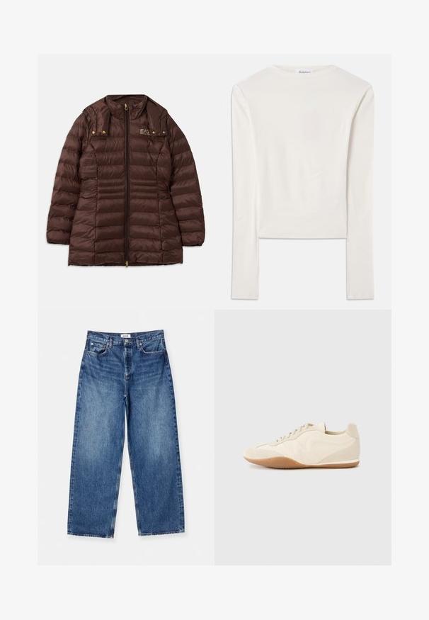 Veste rembourrée marron avec fermeture éclair à l'avant, dotée d'un col montant, de quincaillerie dorée et de coutures horizontales pour l'isolation.; Haut à manches longues blanc en coton, dotée d'un col ras du cou simple et d'une coupe ajustée. Le tissu est lisse avec une légère élasticité.; Jean large bleu clair en denim, avec un design classique à cinq poches, des coutures visibles et une taille mi-haute.; Baskets beige clair avec une tige en cuir texturé, des panneaux latéraux texturés et une semelle en caoutchouc. Dotées d'un design fin et épuré ainsi que de lacets plats.