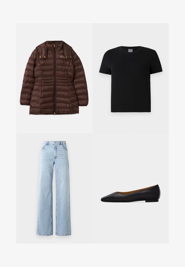 Braune gepolsterte Jacke mit Reißverschluss vorne, ausgestattet mit einem Stehkragen, goldfarbenen Beschlägen und horizontalen Nähten zur Isolierung.; Schwarzes Baumwoll-T-Shirt mit Rundhalsausschnitt und kurzen Ärmeln. Einfaches Design, keine Muster oder Akzente, mit geradem Schnitt an der Taille.; Weite helle blaue Jeans mit hoher Taille, fünf Taschen und ausgewaschenem Look. Verfügt über gesteppte Details und einen geraden Schnitt am Saum.; Schwarzer flacher Schuh aus Leder mit spitz zulaufender Vorderkappe, niedrigem Absatz und glatter Oberfläche, von der Seite vor einem hellgrauen Hintergrund dargestellt.