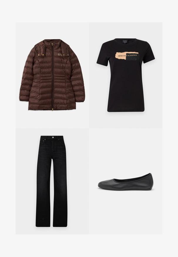 Brun polstret jakke med lynlås fortil, der har en opretstående krave, guldfarvet hardware og vandret søm for isolering.; Sort T-shirt lavet af bomuld, med et grafisk design med "ARMANI EXCHANGE" i lys ferskenfarve og sorte teksturerede detaljer. Regular fit.; Sorte brede ben jeans lavet af denim. Har en høj talje, to forlommer og metalknaplukning. Struktureret overflade med minimal blege.; Sort læderballetsko med rund tå, glat tekstur, minimal syning og et fleksibelt såldesign.