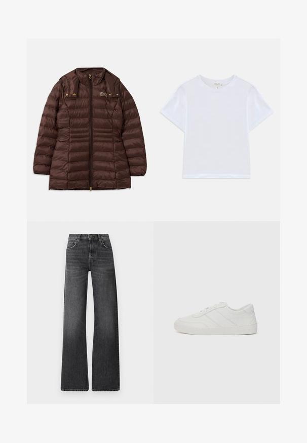 Bruine gewatteerde jas met een ritssluiting aan de voorkant, uitgerust met een opstaande kraag, gouden hardware en horizontale stiknaden voor isolatie.; Witte cropped t-shirt van zacht katoen, met een ronde hals en korte mouwen in een iets ontspannen pasvorm. Geen patronen of accenten.; Zwarte spijkerbroek van denim met een hoge taille en een wijd uitlopende pasvorm. Bevat vijf zakken en een subtiele vervaagde textuur met contrasterende stiksels.; Witte leren sneaker met platte veters, ronde neus en subtiele stiksels. Beschikt over een gestructureerde zool en een in reliëf gedrukt merkteken op de hiel.