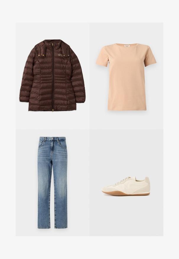 Bruine gewatteerde jas met een ritssluiting aan de voorkant, uitgerust met een opstaande kraag, gouden hardware en horizontale stiknaden voor isolatie.; Beige T-shirt met korte mouwen, ronde hals en rechte zoom op een effen lichtgrijze achtergrond.; Lichtblauwe denim jeans met een rechte pijpdesign, voorzien van vijf zakken, een knoop- en ritsluiting, en minimale vervaging op de stof.; Lichtbeige sneakers met een textuur van leer op het bovenwerk, getextureerde zijpanelen en een rubberen zool. Voorzien van een slank, gestroomlijnd ontwerp en platte veters.
