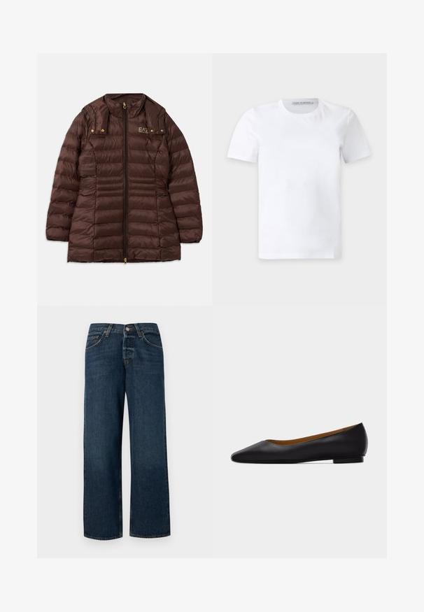 Brun polstret jakke med lynlås fortil, der har en opretstående krave, guldfarvet hardware og vandret søm for isolering.; Enkelt hvid t-shirt med korte ærmer og rund hals med et lille mærke inden i kraven med teksten "Tiger of Sweden."; Mørkeblå denimjeans med lige skæring, fem lommer og metalhardware. Har en let falmet overflade og en ren kant.; Sort læder flad sko med spids tå, lav hæl og glat finish, vist fra siden på en lysegrå baggrund.