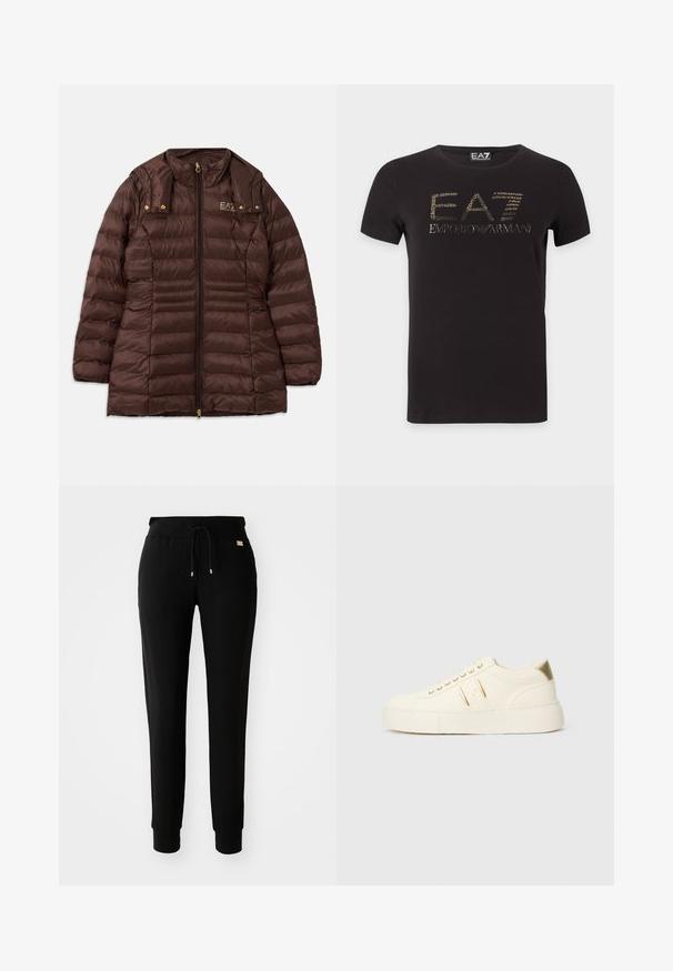 Bruine gewatteerde jas met een ritssluiting aan de voorkant, uitgerust met een opstaande kraag, gouden hardware en horizontale stiknaden voor isolatie.; Zwart T-shirt met korte mouwen met gouden EA7 Emporio Armani-logo in het midden van de borst tegen een witte achtergrond.; Zwarte tapered sweatpants met een tailleband met trekkoord en manchetten bij de enkels, weergegeven op een eenvoudige witte achtergrond.; Crème kleurige low-top sneaker met gouden accenten, veters en geperst "Armani Exchange" logo op de zool en zijpatch.