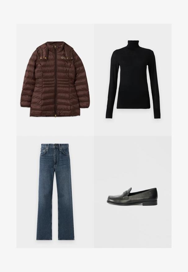 Veste rembourrée marron avec fermeture éclair à l'avant, dotée d'un col montant, de quincaillerie dorée et de coutures horizontales pour l'isolation.; Pull à col roulé noir en matériau doux et léger. Il a des manches longues et une coupe ajustée avec un col haut.; Jean en denim bleu droit avec cinq poches et une fermeture à bouton, présenté sur un fond blanc.; Mocassins en cuir noir avec un bout arrondi, des détails de couture surélevés et un talon bas empilé. Texture lisse avec un éclat subtil.