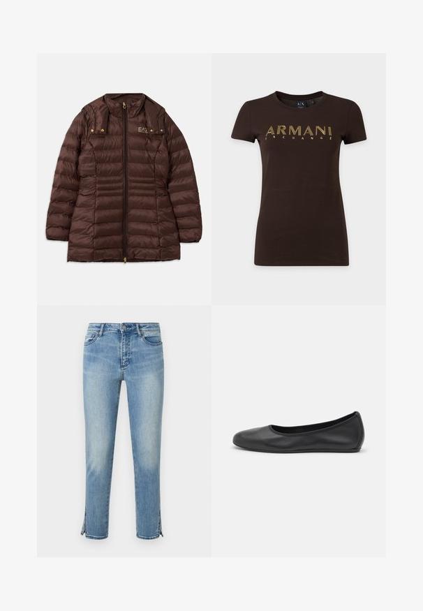 Veste rembourrée marron avec fermeture éclair à l'avant, dotée d'un col montant, de quincaillerie dorée et de coutures horizontales pour l'isolation.; T-shirt marron foncé à manches courtes avec texte contour jaune "ARMANI EXCHANGE" sur la poitrine et col rond.; Jean en denim bleu clair délavé avec bouton à l'avant, poches et fentes aux chevilles des deux côtés, présenté sur fond blanc.; Ballerines en cuir noir avec un bout rond, texture lisse, détails de couture minimalistes et design de semelle flexible.