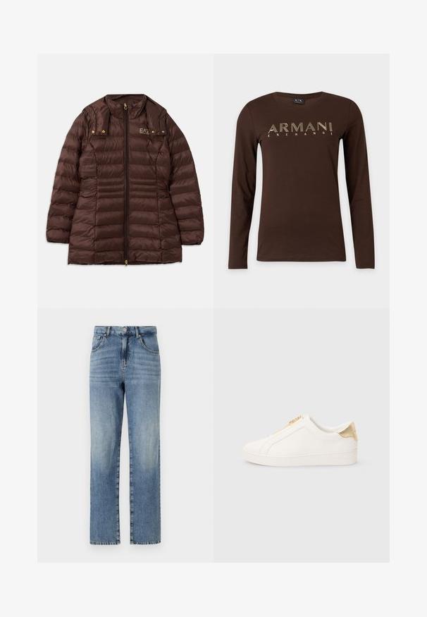Brun polstret jakke med lynlås fortil, der har en opretstående krave, guldfarvet hardware og vandret søm for isolering.; Brun langærmet skjorte med rund halsudskæring og "ARMANI EXCHANGE" trykt med store beige kontur bogstaver over brystet.; Lyst blå denim jeans med et lige ben design, der har fem lommer, knap- og lynlåslukning samt minimal falming på stoffet.; Hvide slip-on sneakers lavet af glat læder med en guldfarvet lynlås og detalje nær hælen med en struktureret finish samt logo præget på siden.