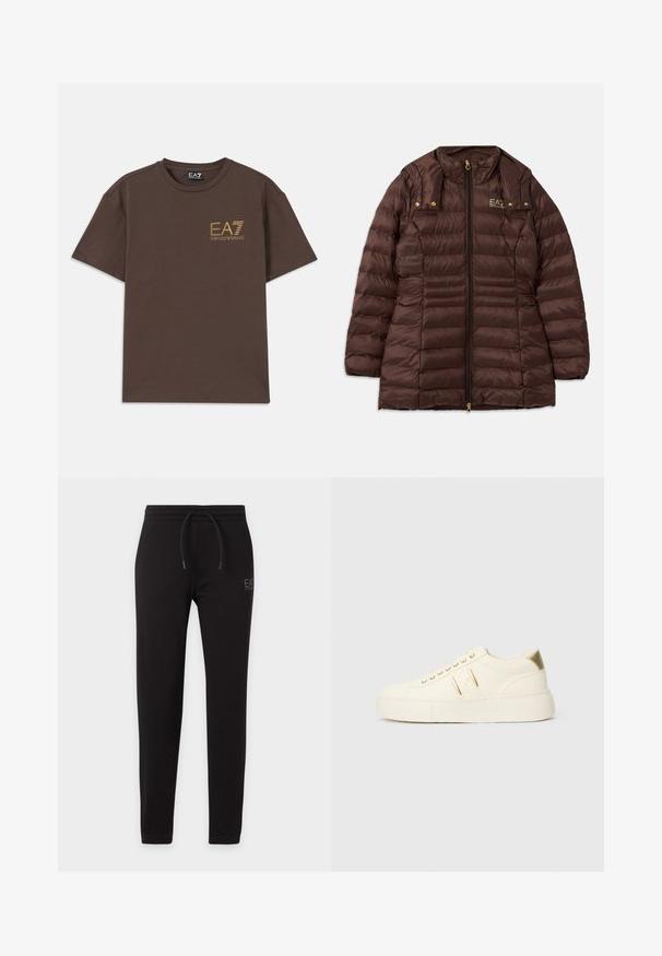 Bruine gewatteerde jas met een ritssluiting aan de voorkant, uitgerust met een opstaande kraag, gouden hardware en horizontale stiknaden voor isolatie.; Bruine katoenen t-shirt met ronde hals en korte mouwen. Voorzien van het gouden logo "EA7 Emporio Armani" op de linkerborst. Eenvoudig ontwerp, gladde textuur.; Zwarte slim-fit sweatpants met elastische tailleband en trekkoord, met klein "EA7 Emporio Armani" logo op de linker dij.; Crème kleurige low-top sneaker met gouden accenten, veters en geperst "Armani Exchange" logo op de zool en zijpatch.