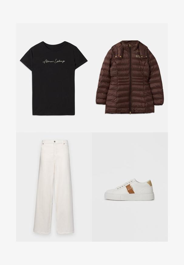Brun polstret jakke med lynlås fortil, der har en opretstående krave, guldfarvet hardware og vandret søm for isolering.; Sort bomulds T-shirt med korte ærmer og rund halsudskæring, prydet med et kursiv "Armani Exchange" logo i hvid.; Bredde ben bukser i elfenbensfarvet bomuld. Har en knaplukning, bæltesløjfer og to forlommer. Glat tekstur med minimal detaljer.; Hvide lavtop sneakers med beige hælpatch, brun læderrem med guldlukning og A|X brand, samt præget Armani Exchange sål.