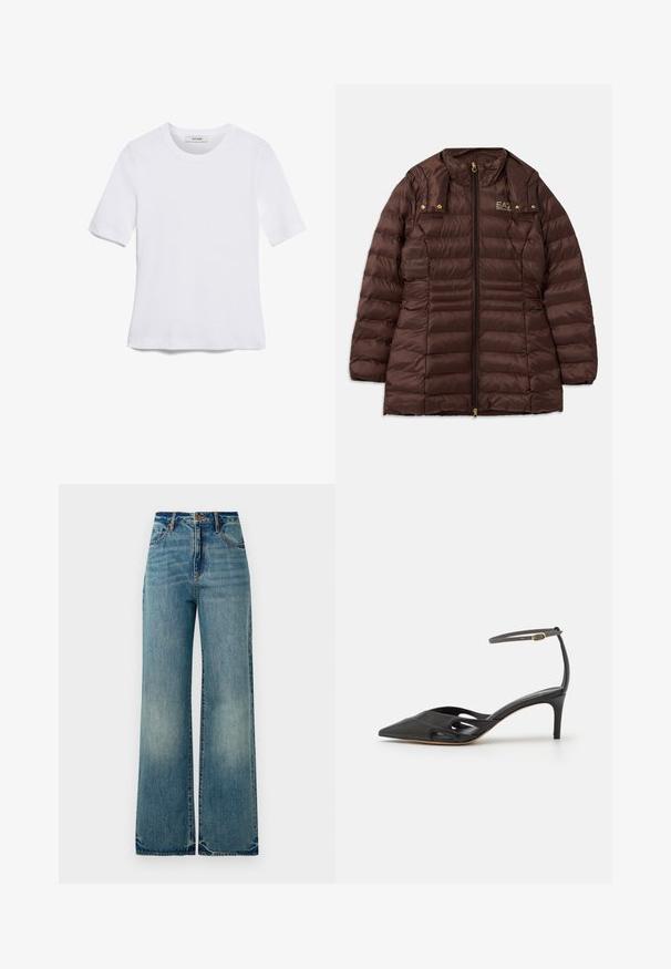 Brun polstret jakke med lynlås fortil, der har en opretstående krave, guldfarvet hardware og vandret søm for isolering.; Hvid kortærmet t-shirt lavet af ribbet stof. Rund halsudskæring, almindelig pasform og subtile syninger. Ingen mønstre eller grafik.; Lysblå denim vidbenede jeans har en høj talje, fem lommer og let rippede kanter, der viser en tekstureret, falmet finish.; Sort læder højhælet sko med spids tå, åbne sider og en tynd ankelrem med en lille guld detalje.