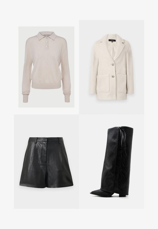 Lys beige uld-blandet frakke med slået krave, to forlommer og en enkelt knaplukning. Blødt, tekstureret stof.; Beige strikket polo-sweater med lange ærmer, knaplukning, ribbede manchetter og kant, med en blød tekstur og afslappet pasform.; Sorte lædershorts med skræddersyet design, for-ærmer og rene linjer. Overfladen har en glat tekstur med minimal hardware.; Sort læder knæhøj støvle med spids tå og dekorativ frynse langs ydersiden mod en ensartet hvid baggrund.