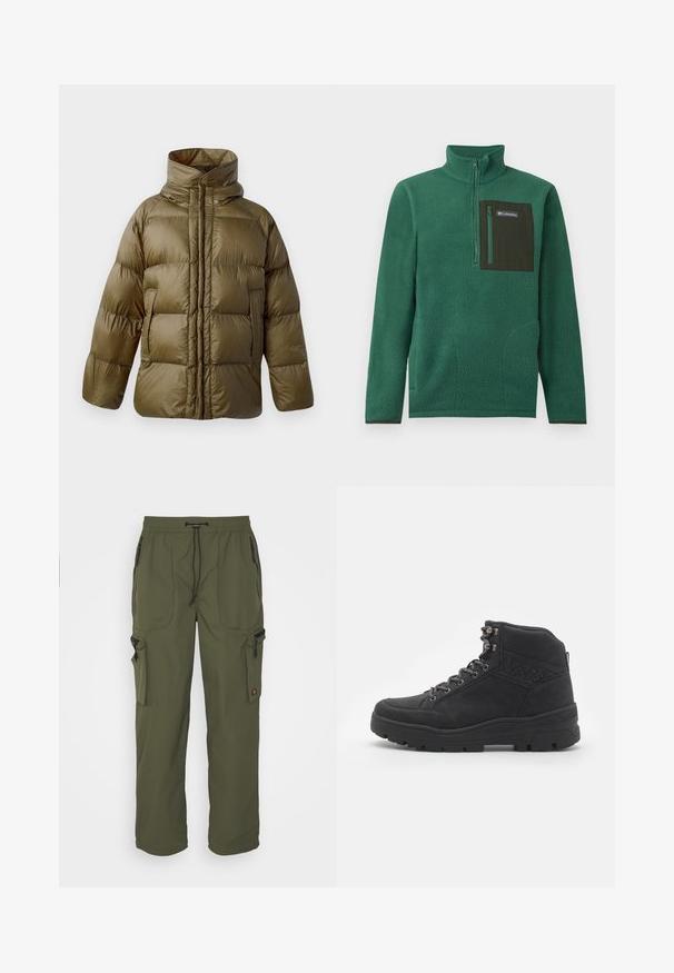 CLOSED PUFFER JACKET - Zimná bunda - marsh green; Zelený fleecový pulóver so štvrťzipsom a tmavozeleným zipsovým vreckom na hrudi s logom Columbia na prednej ľavej strane.; Olive zelené cargo nohavice vyrobené z ľahkej tkaniny, s elastickým pásom, sťahovacou šnúrkou a viacerými zipsovými vreckami.; Čierne semišové čižmy po členky. Majú kovové očká, šnúrky a textúrovanú gumovú podrážku s vystuženou pätou.