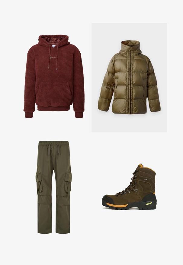 CLOSED PUFFER JACKET - Talvejope - marsh green; Pruun fliisist kapuutsiga sviiter, millel on pehme ja tekstuuriga pind, joonistatav kapuuts, eesmine tasku ning soonikkoes varrukad ja ääred. Rinna peal on logo.; Olive rohelised cargo püksid, elastse vöökoha ja paelaga, mitme külgmise taskuga ning laia lõike ja volditud detailidega.; Pruun kõrge säärega matkasaabas musta varbakorgiga, oranžide detailide, vastupidava Vibrami tallaga ja musta-oranži paelaga.