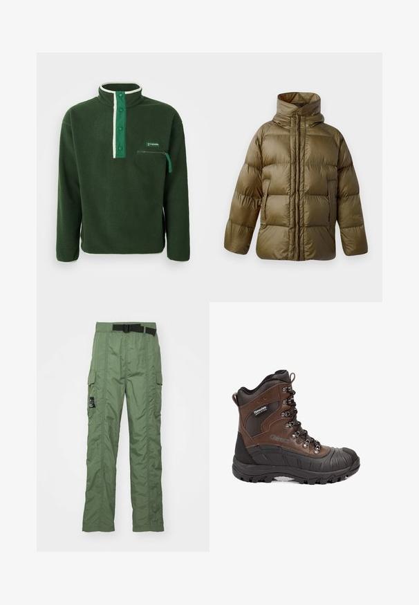 CLOSED PUFFER JACKET - Chaqueta de invierno - marsh green; Polaire verde con cuello alto, que presenta una cremallera blanca en contraste, botones a presión y un bolsillo en el pecho con cremallera. Tejido texturizado.; Pantalones cargo en verde oliva, confeccionados en tela ligera. Cuentan con un cinturón negro, bolsillos cargo a los lados y detalles de costura.; Bota de senderismo aislada marrón y negra con suela gruesa, ojales de metal y etiqueta Thinsulate en el lateral.