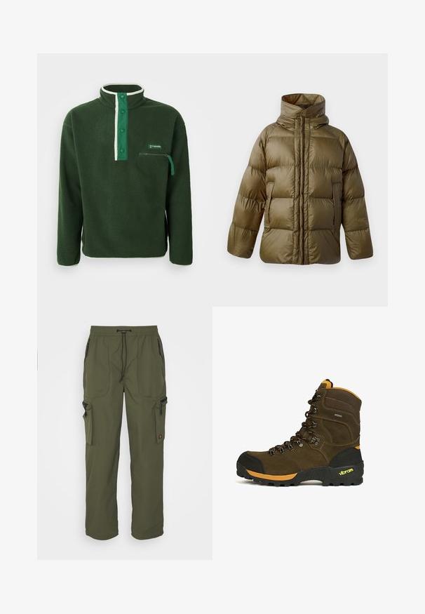 CLOSED PUFFER JACKET - Vinterjakker - marsh green; Grøn fleecepullover med høj krave, der har en kontrasterende hvid lynlås, trykknapper og en lynlåslomme på brystet. Struktureret stof.; Oliven grøn cargo bukser lavet af let materiale, med elastisk talje, snorelukning og flere lynlåslommer.; Brun højtliggende vandrestøvle med sort tåhætte, orange accenter, robust Vibram-sål og sorte og orange snørebånd.