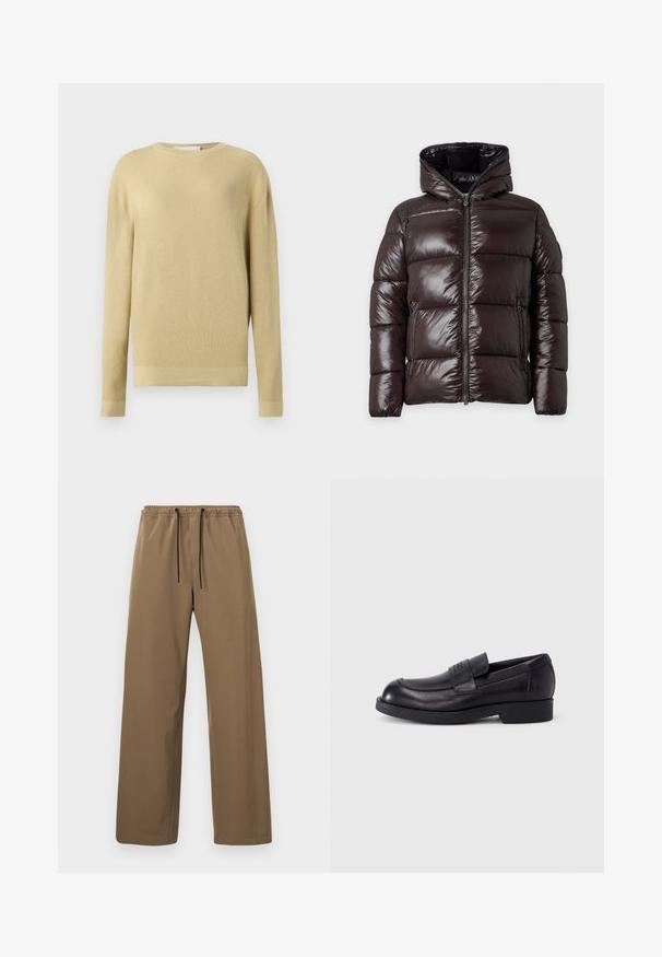 Doudoune brillante marron foncé avec capuche, fermeture éclair à l'avant et deux poches latérales zippées, présentée sur un fond clair uni.; Pull beige côtelé avec manches longues, col rond et coupe droite. Texture douce sans motifs ni accents visibles.; Pantalon marron à coupe droite avec taille élastique et cordons noirs, présenté sur un fond clair uni.; Mocassin en cuir noir avec petit talon et bride sur le dessus, logo embossé sur la bride, présenté de profil sur fond blanc.