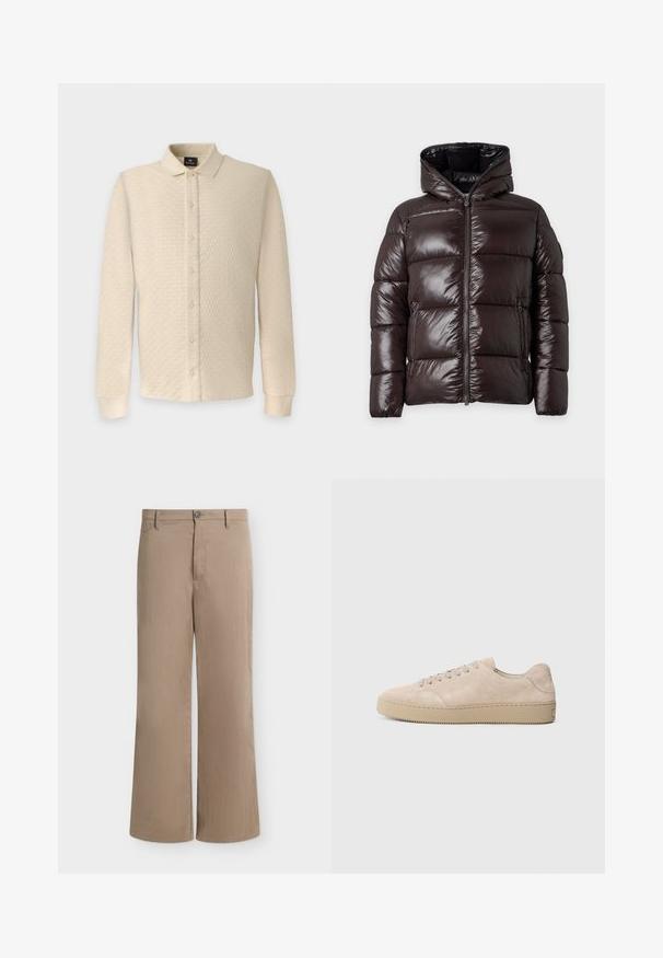 Doudoune brillante marron foncé avec capuche, fermeture éclair à l'avant et deux poches latérales zippées, présentée sur un fond clair uni.; Chemise beige à manches longues avec boutons, motif texturé, col plié et poignets côtelés, présentée sur un fond uni.; Pantalon beige droit avec fermeture par bouton et zip, passants pour ceinture et poches latérales sur fond uni.; Baskets en daim beige avec un bout rond, des lacets plats et une semelle en caoutchouc texturé. Design minimaliste avec des bords lisses et des coutures discrètes.