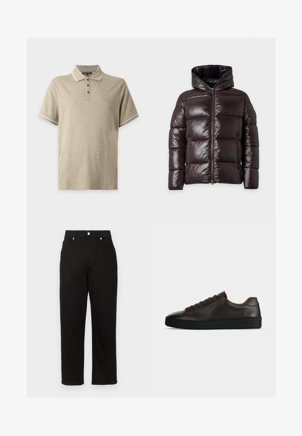 Doudoune brillante marron foncé avec capuche, fermeture éclair à l'avant et deux poches latérales zippées, présentée sur un fond clair uni.; Polo beige à manches courtes avec col et trois boutons, bordure blanche au col et aux manches, et petit logo MK brodé sur la poitrine.; Pantalon en denim noir avec une coupe droite, présentant une taille haute, des poches frontales et des garnitures en métal argenté au niveau de la ceinture.; Baskets basses en cuir marron foncé avec semelle en caoutchouc noire, lacets à l'avant et design minimaliste épuré sur fond clair.