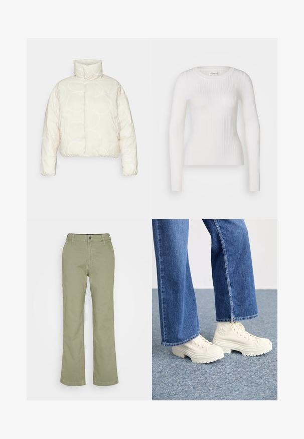 Chaqueta acolchada recortada en crema clara con patrones abstractos blancos, con un alto cuello y bolsillos laterales, confeccionada en tejido suave.; Top blanco de manga larga con costuras acanaladas y escote redondo. La tela es suave, con una textura sutil y un diseño ajustado. Sin hardware ni patrones visibles.; Hollister Co. CARPENTER DAD - Pantalones - olive; Zapatillas deportivas blancas de caña alta con suelas gruesas y estriadas, y detalle de logo circular, combinadas con jeans de mezclilla de pierna ancha en azul claro.