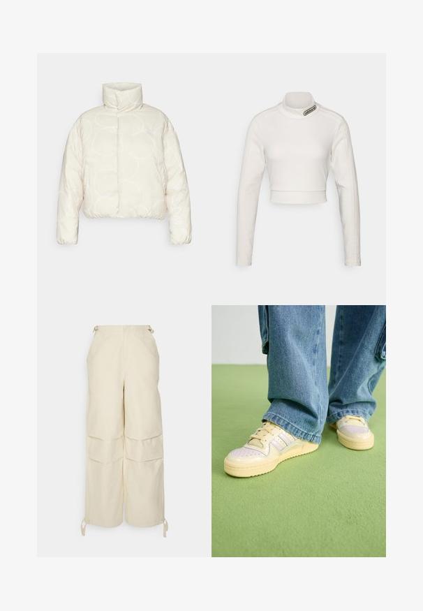 Chaqueta acolchada recortada en crema clara con patrones abstractos blancos, con un alto cuello y bolsillos laterales, confeccionada en tejido suave.; adidas Originals CROPPED - Camiseta de manga larga - white; WRSTBHVR ZERA PANTS EGGSHELL WOMEN - Pantalones - off white; Zapatillas con una parte superior de color crema y suela de goma texturizada, que presentan detalles perforados y acentos en capas en azul pálido y beige.