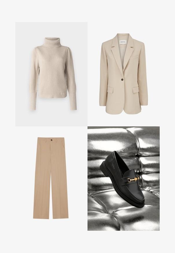 Modström GALE BLAZER - Halflange jas - powder sand; VILA Knitted Turtleneck - Trui - feather gray; Beige wijde broek met een gladde textuur, voorzien van twee zijzakken, een frontale knoopsluiting en subtiele plooien voor een extra detail.; Zwarte leren instapper met een goudkleurig hardware-detail. De schoen heeft een strak ontwerp en een gladde, glanzende textuur.
