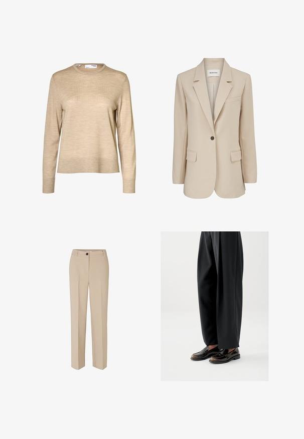 Modström GALE BLAZER - Korte frakker - powder sand; Beige langærmet uldsweater med rund hals og ribstrikkede manchetter og kant, vist mod en hvid baggrund.; Modström GALE - Bukser - powder sand; Sorte loafers med en blank læderfinish, der har en dekorativ rem over toppen, kombineret med løstsiddende sorte bukser.