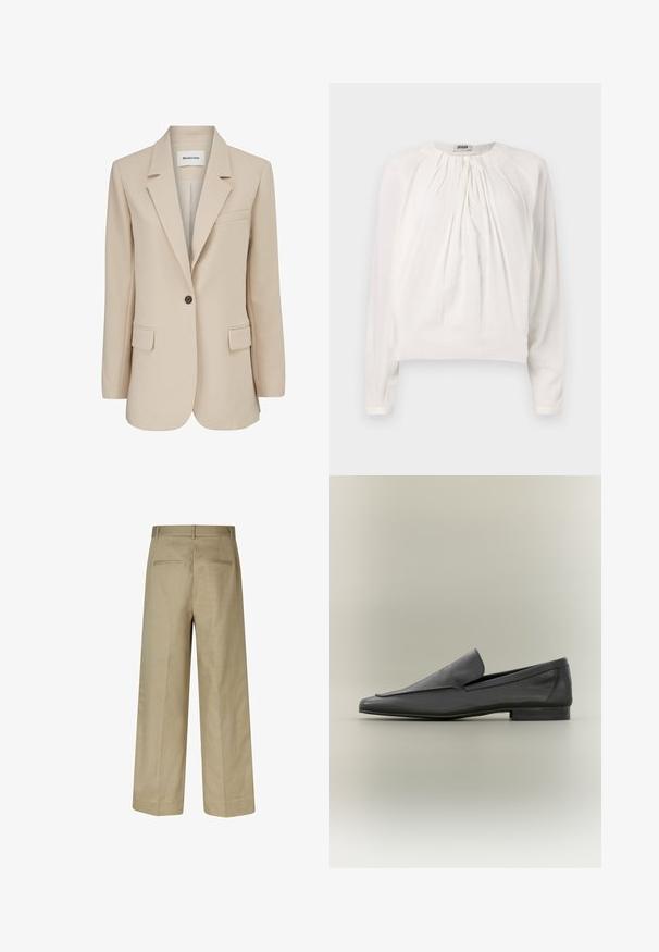 Modström GALE BLAZER - Manteau court - powder sand; Blouse blanche à manches longues avec un col rond et un devant plissé. Tissu doux et lisse avec une coupe décontractée et un détail de bouton au col.; Pantalons larges beiges avec une texture lisse, des poches arrière et des passants de ceinture. Coupe ajustée avec une silhouette droite.; Mocassins en cuir noir avec une finition lisse, un bout pointu et un design minimaliste. Talon bas empilé et accents de couture subtils.