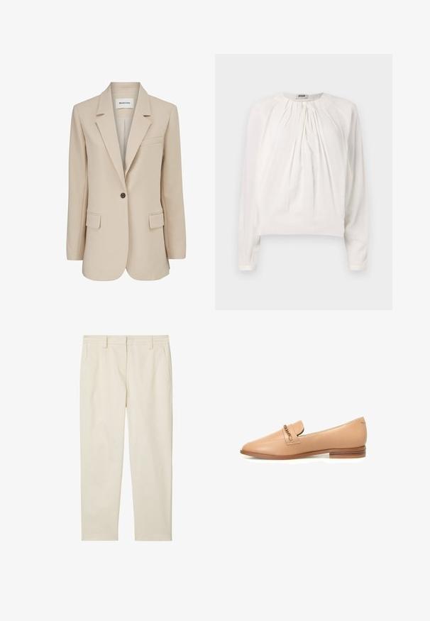 Modström GALE BLAZER - Halflange jas - powder sand; Witte blouse met lange mouwen, ronde hals en geplooide voorkant. Zacht, glad materiaal met een comfortabele pasvorm en knoopdetails bij de kraag.; Marc O'Polo MODERN STYLE TAPERED LEG HIGH RISE WELT POCKET - Chino - chalky sand; Beige leren instappers met een puntige neus, voorzien van een kettingaccent op de wreef en een lage gestapelde hak. Glad textuur en minimalistisch ontwerp.