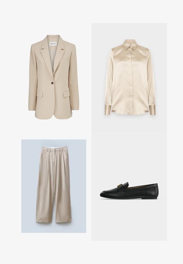 Modström GALE BLAZER - Κοντό παλτό - powder sand; Μπεζ σατέν πουκάμισο με μυτερό γιακά, μακρύ μανίκι, κλείσιμο με κουμπιά και μανσέτες σε ελαφρώς πιο γυαλιστερή φινίρισμα. Χωρίς σχέδια ή διακοσμήσεις.; Μπεζ φαρδύ παντελόνι με υφή, που διαθέτει δύο πλαϊνές τσέπες, δίπλες μπροστά και ζώνη για ασφαλή εφαρμογή.; Μαύρο δερμάτινο loafer παπούτσι με χρυσή μεταλλική αγκράφα στην κορυφή, επίπεδη σόλα και ραμμένο σχέδιο κατά μήκος του άνω άκρου.