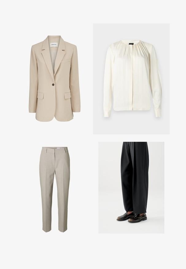 Modström GALE BLAZER - Κοντό παλτό - powder sand; Μακρυμάνικη μπλούζα από μεταξωτό υλικό σε εκρού απόχρωση. Διαθέτει στρογγυλή λαιμόκοψη, απαλή πτύχωση στους ώμους και κουμπωτές μανσέτες. Λείο υφή και μινιμαλιστικός σχεδιασμός.; Μπεζ παντελόνι ραμμένο κατά παραγγελία με θηλιές για ζώνη, μπροστινό φερμουάρ και πιέτες στα πόδια, εμφανιζόμενο σε λευκό φόντο.; Μαύρα μοκασίνια με γυαλιστερό δέρμα, διακοσμημένο με λουράκι στο πάνω μέρος, σε συνδυασμό με φαρδιά μαύρη παντελόνια.