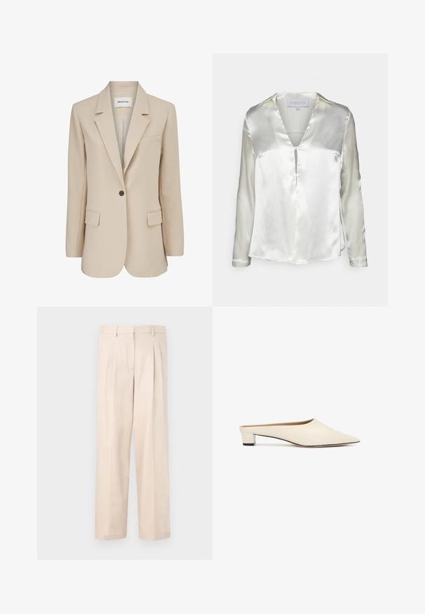 Modström GALE BLAZER - Κοντό παλτό - powder sand; STUDIO ID ALYSSA - Μπλούζα - champagne; Μπεζ παντελόνι με πιέτες, φτιαγμένο από λεία ύφανση. Διαθέτει ζώνη με θηλιές και σχέδιο με ίσια πόδια, χωρίς ορατές τσέπες.; Μπεζ πόιντεν-το μιουλ με χαμηλό, χοντρό τακούνι και λείο φινίρισμα σε απλό λευκό φόντο.