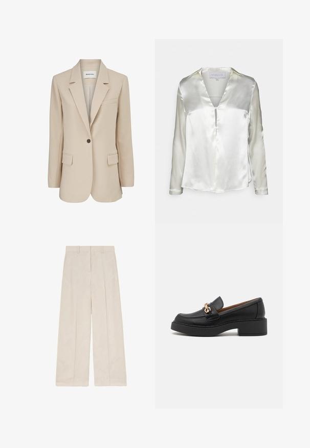 Modström GALE BLAZER - Abrigo corto - powder sand; STUDIO ID ALYSSA - Blusa - champagne; Pantalones beige de pierna ancha con pinzas delanteras, trabillas para cinturón y un diseño limpio y ajustado.; Mocasín de cuero negro con una suela plataforma gruesa, que presenta un adorno de cadena en tono dorado y detalles de costura visibles. Textura suave y diseño elegante.