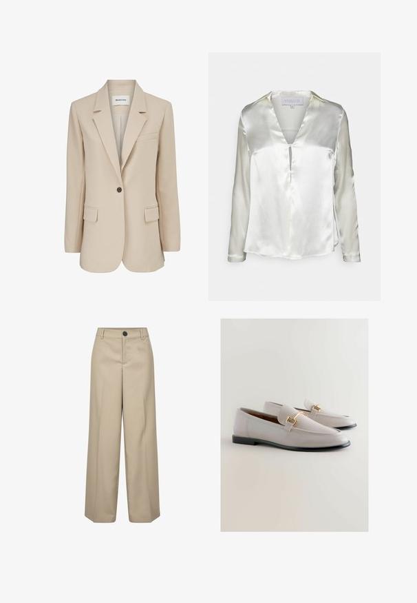 Modström GALE BLAZER - Korte frakker - powder sand; STUDIO ID ALYSSA - Bluse - champagne; Beige højtaljede bukser med brede ben, en enkelt frontknap, bæltestropper og pressede folder. Glat tekstur og skræddersyet silhuet.; Lys grå læder loafers med spids tå, der har en guldtonet metalaccent og en lav sort hæl. Glat tekstur, minimalistisk design.