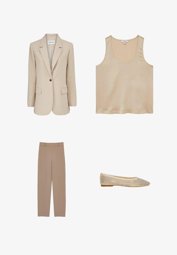 Modström GALE BLAZER - Halflange jas - powder sand; Reiss REGULAR FIT - Blouse - neutral; Beige eersteklas geklede broek met een rechte pijp, voorzien van een geplooide voorkant, riemlussen en subtiele stikdetails. Gladde, lichte stof.; Beige geperforeerde ballerina's met een spitse neus en een platte zool. Heeft een ingewikkeld uitgesneden ontwerp en een gladde afwerking. Geschikt voor casual gebruik.