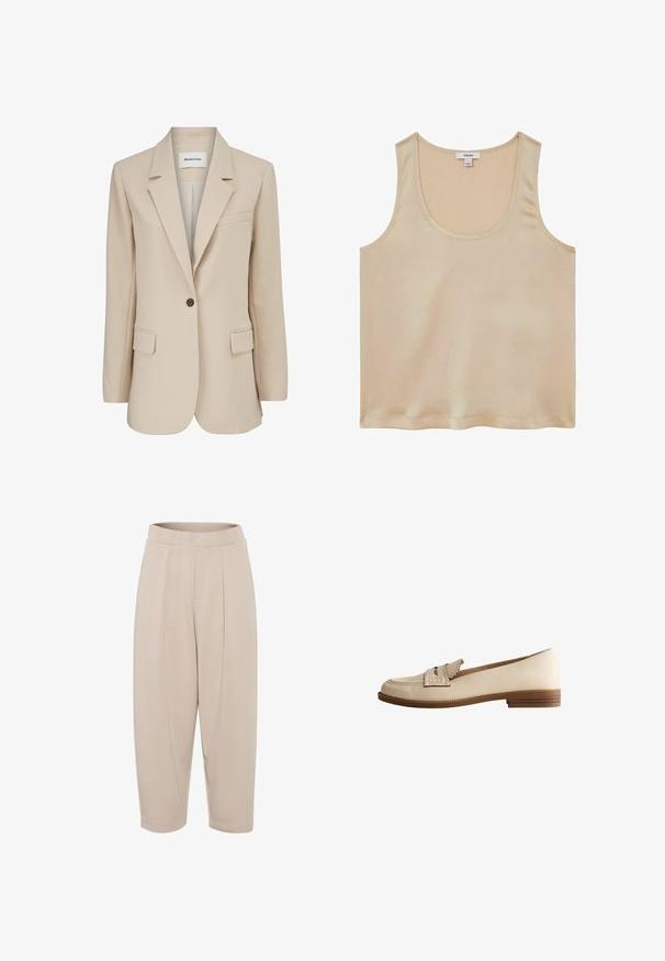 Modström GALE BLAZER - Korte frakker - powder sand; Reiss REGULAR FIT - Bluse - neutral; Beige, mellemlange bukser lavet af blødt stof. Har en bred talje, frontfolder og tætsiddende ben med opsamlede sømme.; Beige læderloafer med bølget stropdetalje og lav stablet træhælkappe, sidevisning på hvid baggrund.