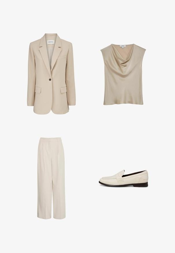Modström GALE BLAZER - Kurzmantel - powder sand; Beige satinierte ärmellose Bluse mit Wasserfallausschnitt, mit dem Label "REISS", vor weißem Hintergrund präsentiert.; Hochtaillierte, cremefarbene, weite Hosen mit Falten, aus glattem Stoff, mit einem schlichten Design und taillierter Passform.; Weißer Slipper aus Leder mit dunkler Sohle, Nahtdetails und einem Riemen über der Oberseite auf einfachem Hintergrund.