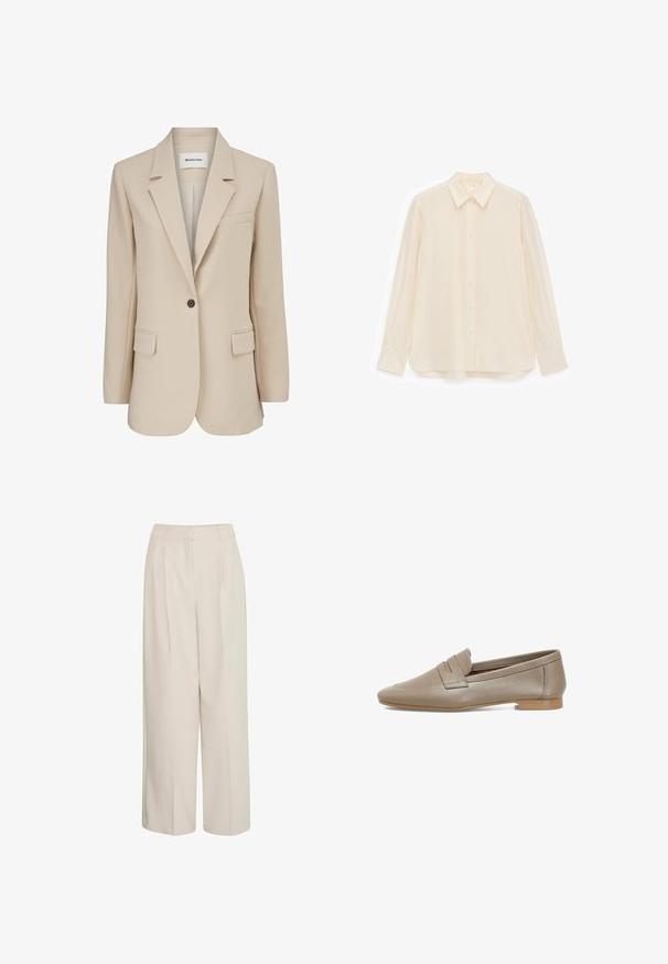 Modström GALE BLAZER - Krátky kabát - powder sand; Krémová košeľa na gombíky z hladkej látky, s golierom, dlhými rukávmi a mierne zaobleným lemom.; Krémové nohavice s vysokým pásom a širokými nohami, so záhybmi, vyrobené z hladkej látky, s čistým dizajnom a prispôsobeným strihom.; Béžové kožené mokasíny s textúrovaným povrchom, so plochým podpätkom a zaoblenou špicou. Obsahujú dekoratívne záhyby na priehlavku.