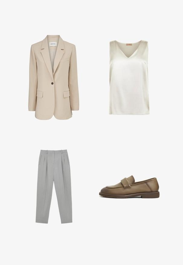 Modström GALE BLAZER - Korte frakker - powder sand; Ærmeløs satinbluse i elfenben med V-udskæring og smalt skulderdesign, mærket Falconeri Seta Collection.; Lysegrå formelle bukser med frontplisser, sidelommer, bæltestropper og en tilspidset benform.; Brune læder loafers med en blød tekstur, der har et bredt strop over vristen og en lav, flad gummisål. Rent, understated design.