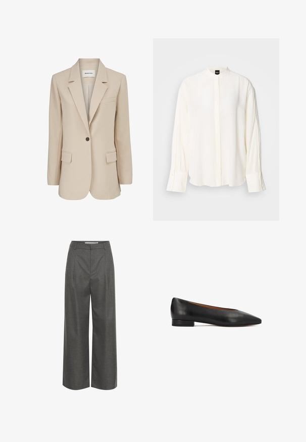 Modström GALE BLAZER - Korte frakker - powder sand; Langærmet, cremefarvet bluse lavet af glat stof; mandarin-krave, forflap, knappede ærmekanter og en afslappet pasform.; Grå brede bukser lavet af struktureret stof, med høj talje og frontfolder, uden synlige lommer eller hardware detaljer.; Sort lædersko med flad hæl og spids tå, minimalistisk design, lav hæl og glat tekstur. Indersiden har en kontrastfuld tan-farvet foring.