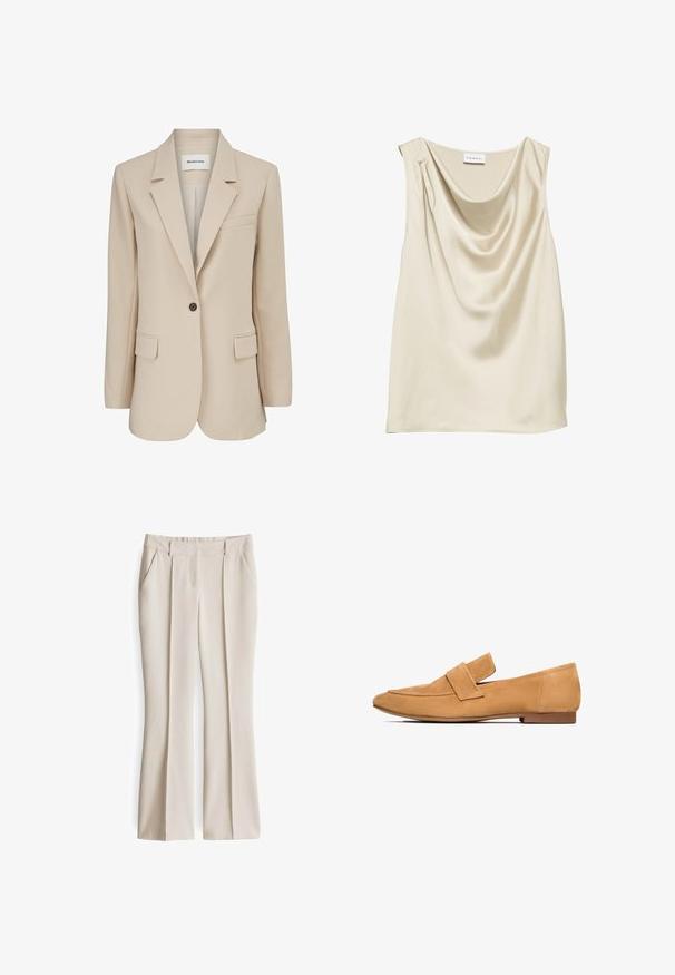 Modström GALE BLAZER - Halflange jas - powder sand; Mouwloos crèmekleurig satijnen topje met een gedrapeerde col met draperieën en een klein plooidetail op één schouder.; Beige op maat gemaakte broek met twee voorzakken, vlakke voorkant en rechte pijpen. Gladde stof met een lichte glans en plooi-details.; Tan suède instappers met een platte hak, ronde neus en een gestikte band over de wreef voor een verfijnde afwerking.